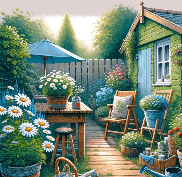 View of backyard garden in digital art style