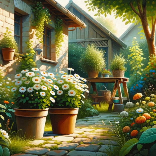 View of backyard garden in digital art style