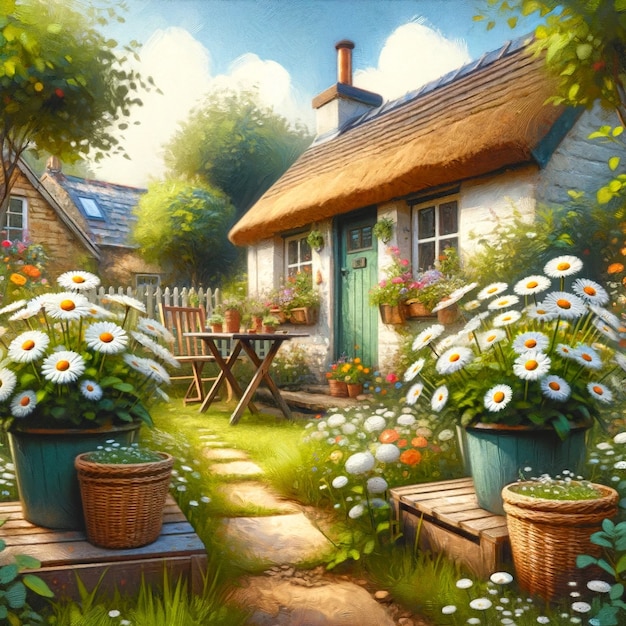 View of backyard garden in digital art style