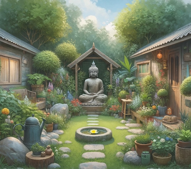 View of backyard garden in digital art style