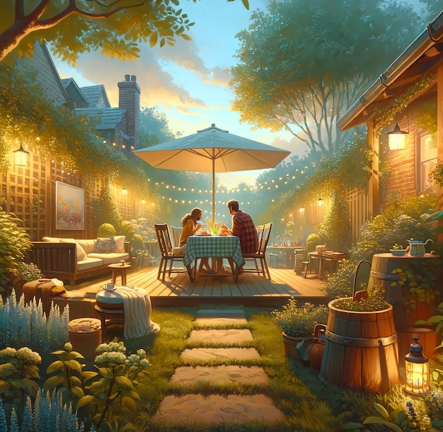 View of backyard garden in digital art style