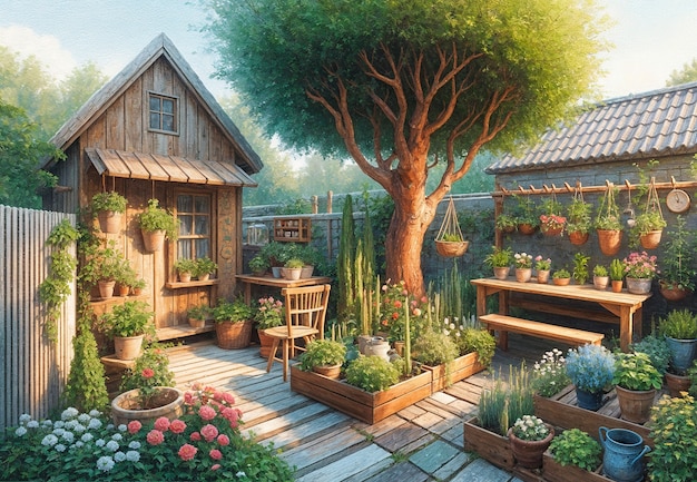 Free photo view of backyard garden in digital art style