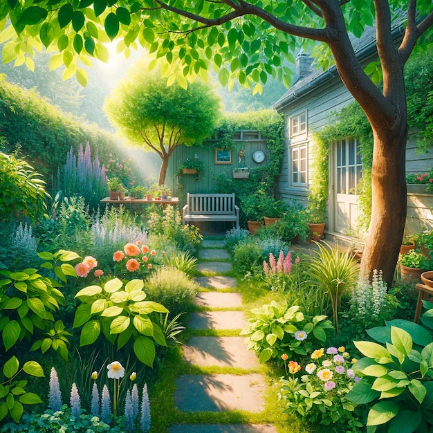 View of backyard garden in digital art style