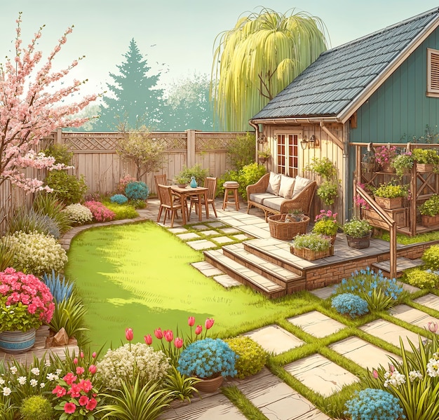 Free photo view of backyard garden in digital art style