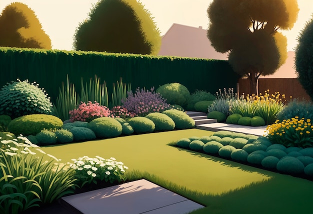 View of backyard garden in digital art style