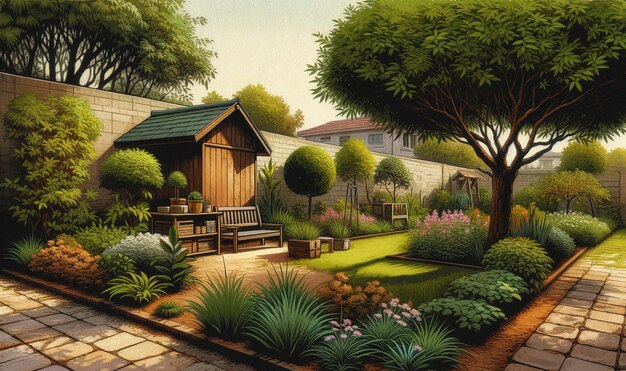 View of backyard garden in digital art style