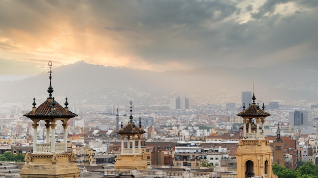 View of Barcelona from The Palau Nacional, cloudy sky. Spain