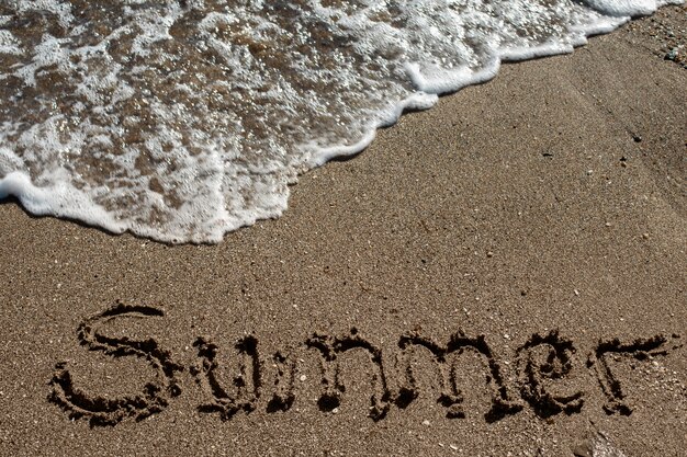 View of beach sand in summertime with message written in it