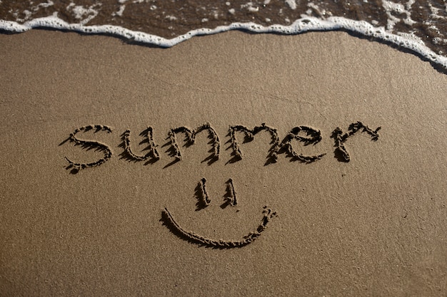 Free Photo view of beach sand in summertime with message written in it