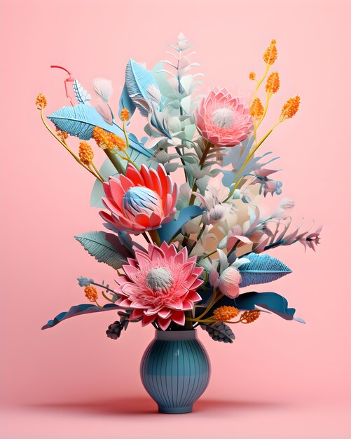 View of beautiful 3d flowers in vase