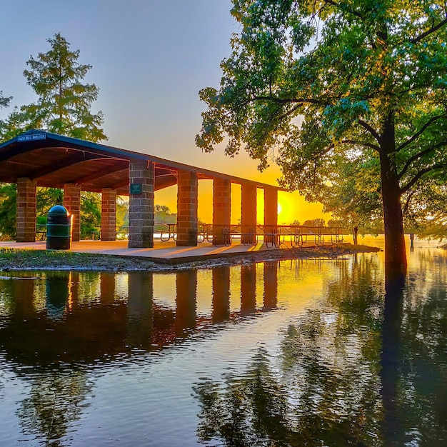 View of a beautiful architecture on the water at the beautiful sunset