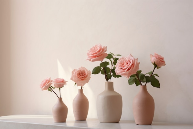 View of beautiful blooming rose flowers in vases