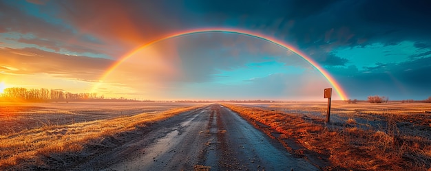 View of beautiful rainbow appearing at the end of a road