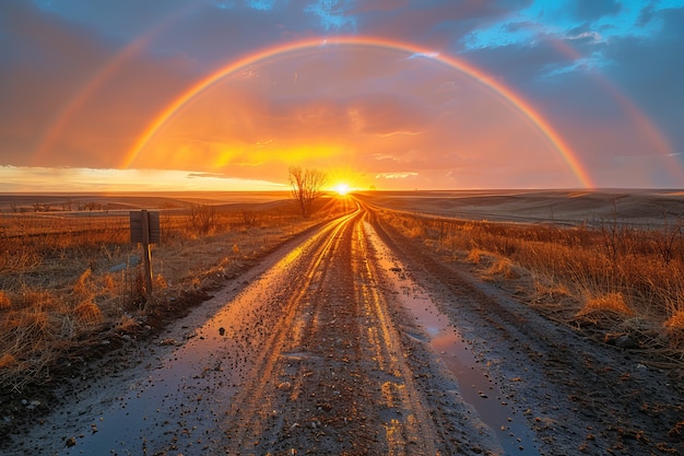 Free Photo view of beautiful rainbow appearing at the end of a road