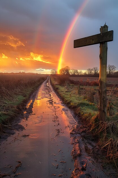 View of beautiful rainbow appearing at the end of a road