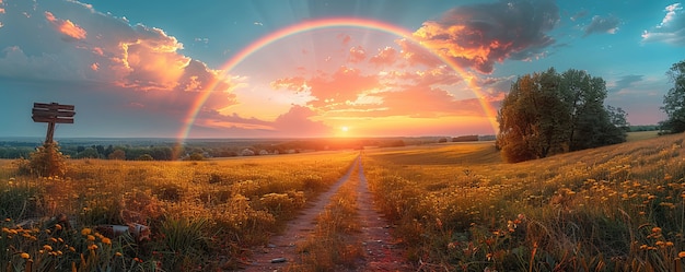 View of beautiful rainbow appearing at the end of a road