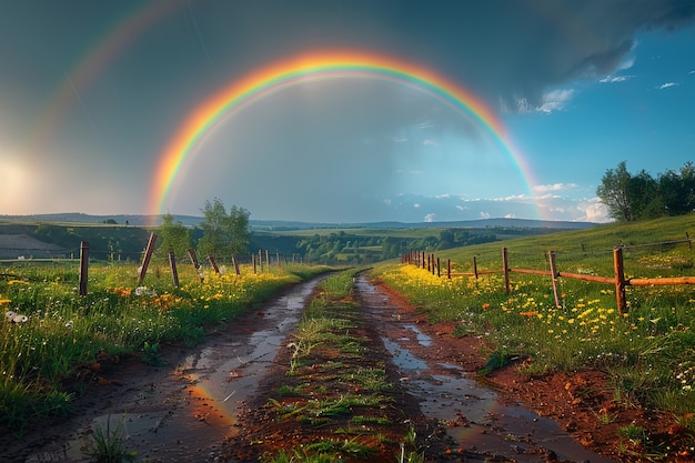 View of beautiful rainbow appearing at the end of a road