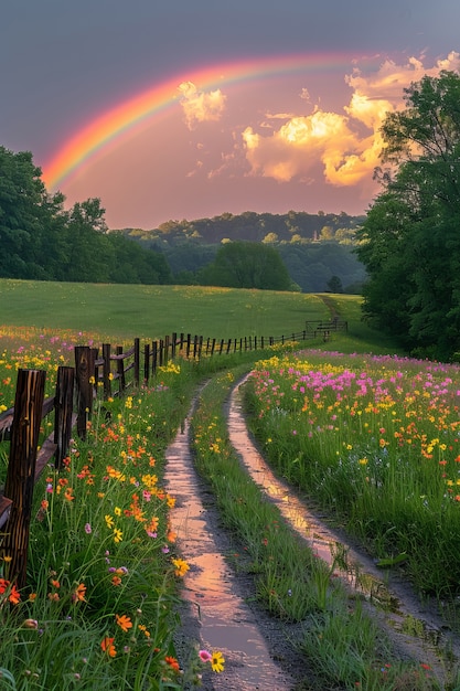 Free photo view of beautiful rainbow appearing at the end of a road