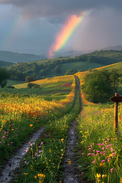 Free Photo view of beautiful rainbow appearing at the end of a road