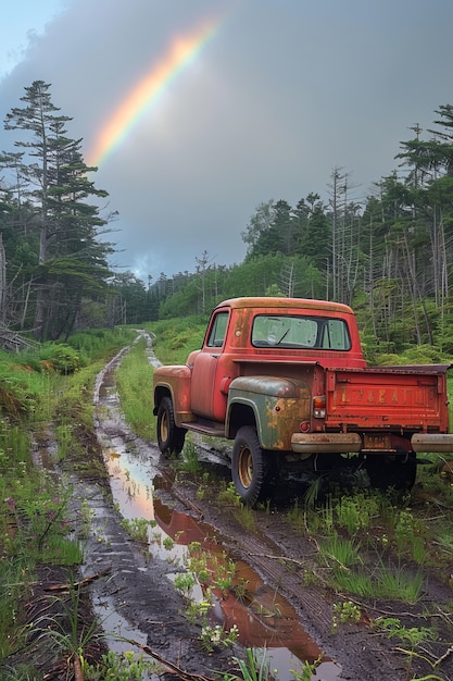 Free photo view of beautiful rainbow appearing at the end of a road