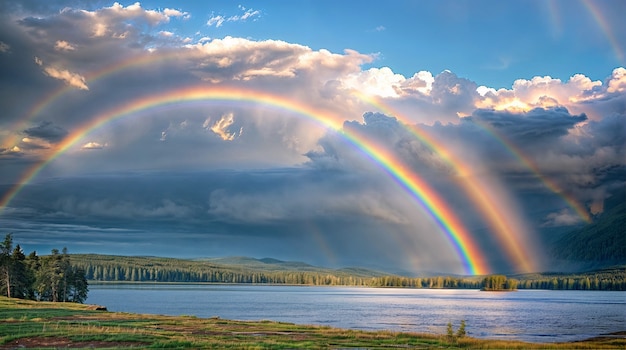 Free photo view of beautiful rainbow over nature landscape