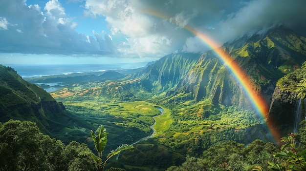 Free photo view of beautiful rainbow over nature landscape