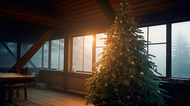 Free photo view of beautifully decorated christmas tree in cabin