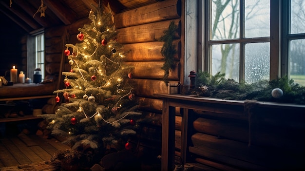 Free photo view of beautifully decorated christmas tree in cabin