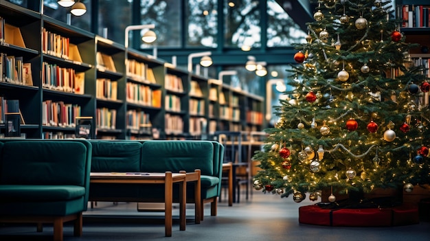 View of beautifully decorated christmas tree in library