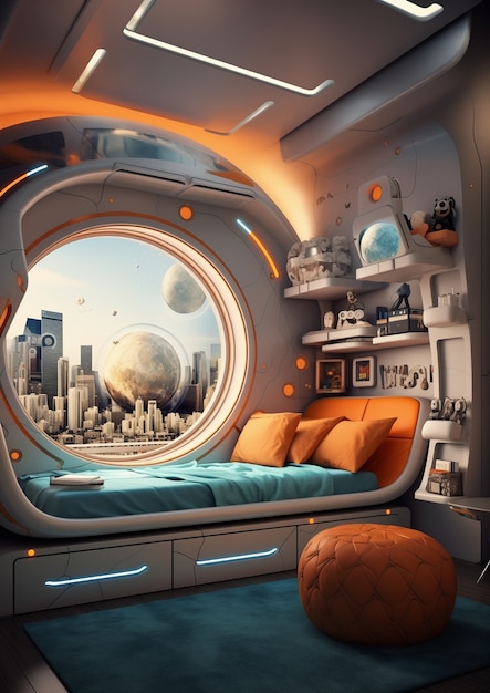 View of bedroom with futuristic decor and style