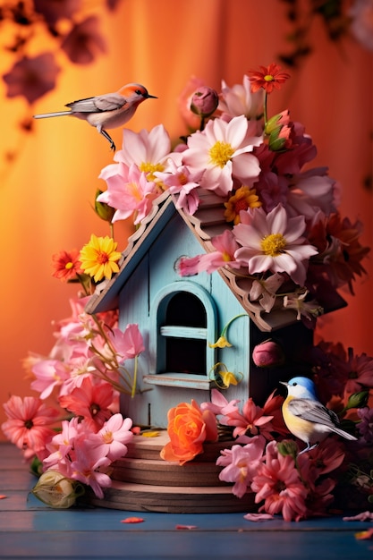 Free photo view of birdhouse with blossoming spring flowers