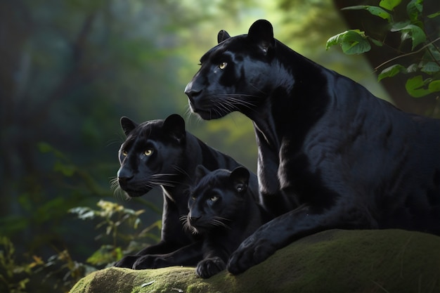 Free photo view of black panther and cubs in the wild