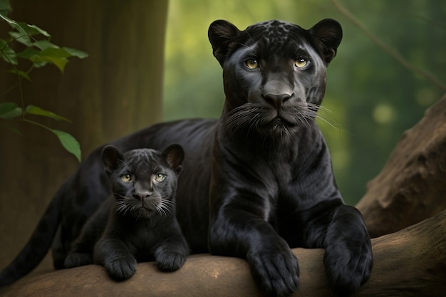 View of black panther with cub in nature