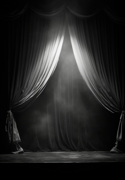 View of black and white theatre stage curtains