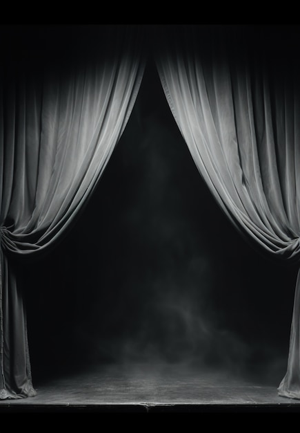 View of black and white theatre stage curtains