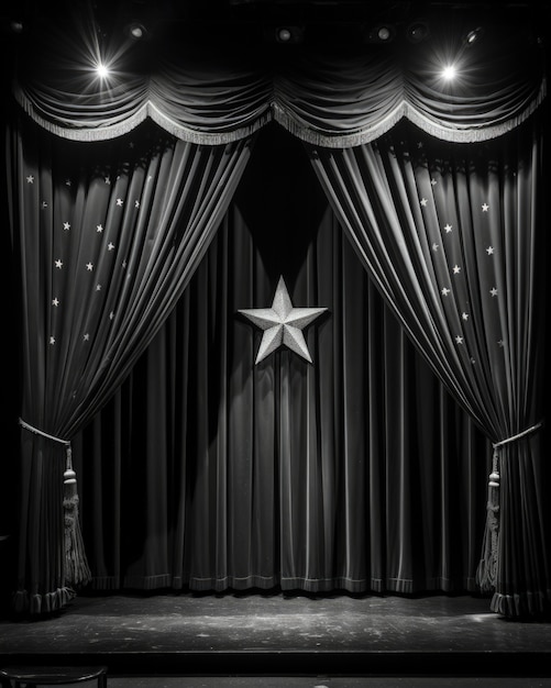 View of black and white theatre stage curtains