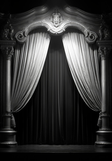 View of black and white theatre stage curtains