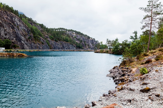 Free Photo view of blue lake with mountain