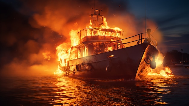 View of boat on flames