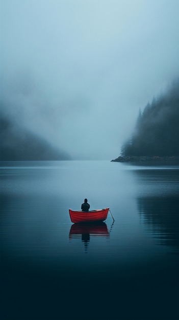 Free Photo view of boat floating on water with nature scenery