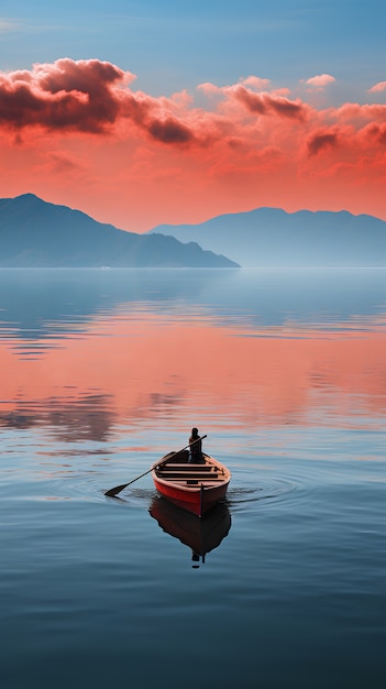 Free Photo view of boat floating on water with nature scenery