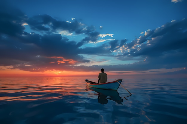 Free photo view of boat on water at sunset