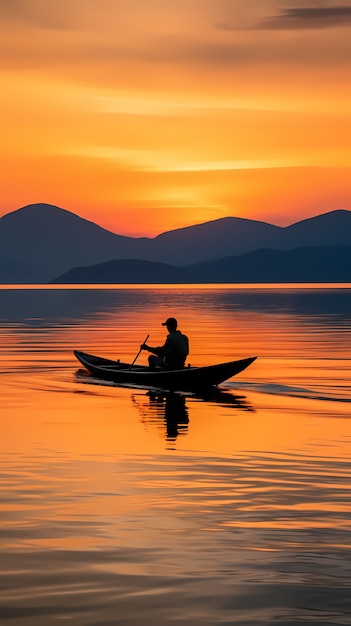 Free Photo view of boat on water at sunset