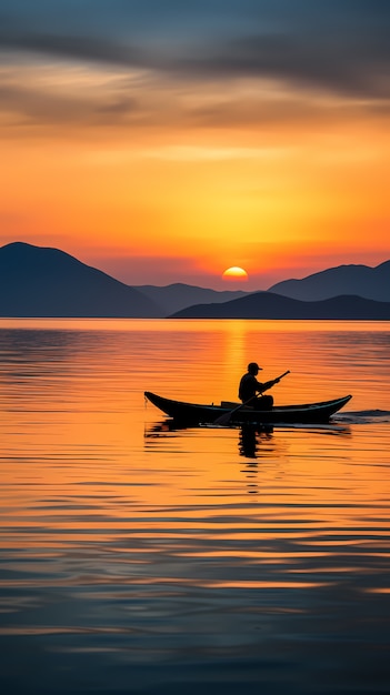 Free photo view of boat on water at sunset