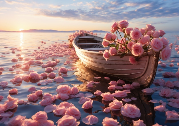 View of boat on water with flowers