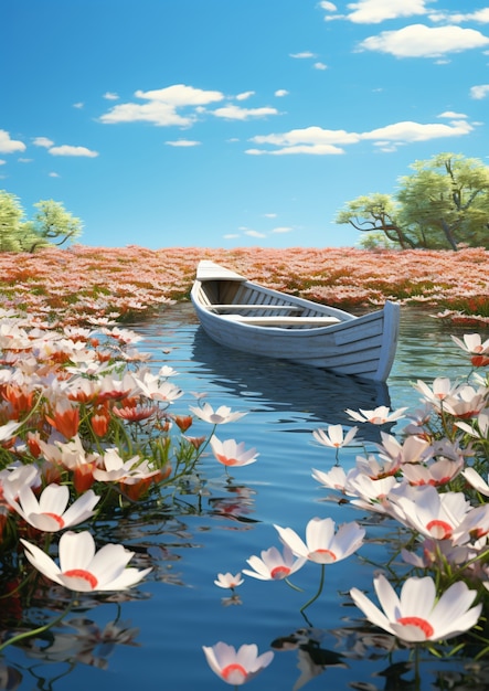 Free Photo view of boat on water with flowers