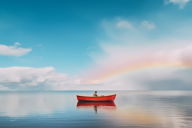 Free photo view of boat on water with rainbow