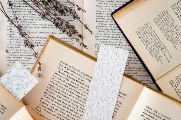 Free Photo above view bookmark and books assortment