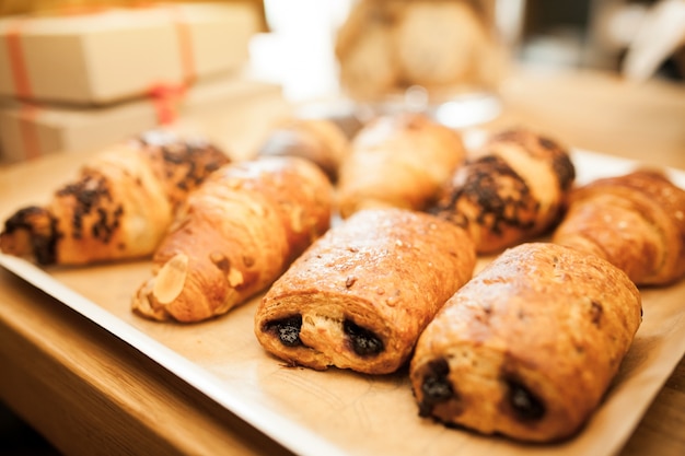 view breakfast black background croissant