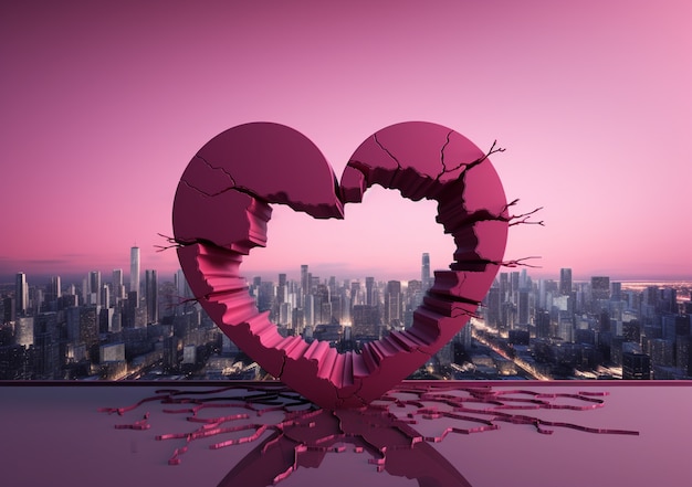 Free photo view of broken heart with city skyline background